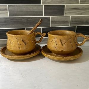 CLAY POTTERY CUPS, SAUCERS AND SPOON